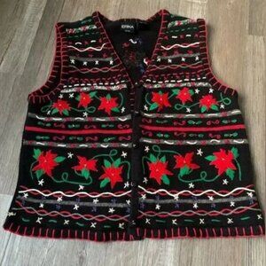 VTG CHRISTMAS Sweater Vest Funky Retro Holiday Knit Black Red Green Petite S M
